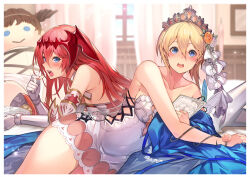 Rule 34 | 2girls, bare shoulders, blonde hair, blue eyes, blue ribbon, blush, book, breasts, chips (food), cleavage, collarbone, curtains, dress, eating, elbow gloves, europa (granblue fantasy), flower, food, gabriel (granblue fantasy), gloves, godsworn alexiel, granblue fantasy, hair flower, hair ornament, hair ribbon, highres, kakage, long hair, looking at viewer, lying, multiple girls, on side, on stomach, open book, open mouth, red hair, ribbon, short dress, short hair, thighs, tiara, uriel (granblue fantasy), white dress, white gloves, white ribbon, window