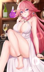 Rule 34 | 1girl, absurdres, animal ears, bare shoulders, barefoot, blush, bottle, breasts, cleavage, collarbone, cup, drinking glass, earrings, feet, fox ears, genshin impact, hair ornament, highres, jewelry, knee up, kuro (blackpgmickey), large breasts, long hair, looking at viewer, necklace, pink hair, purple eyes, sidelocks, smile, solo, thighs, toes, very long hair, wine bottle, wine glass, yae miko