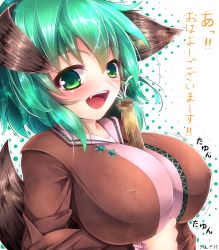 Rule 34 | 1girl, alternate breast size, animal ears, artist name, between breasts, blush, breasts, censored, covered erect nipples, cum, ejaculation, facial, fang, ginzake (mizuumi), green eyes, green hair, kasodani kyouko, large breasts, long sleeves, no nose, open mouth, short hair, signature, smile, solo, tail, touhou, translation request