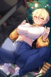 Rule 34 | 1girl, absurdres, animal collar, animal ears, bad id, bad pixiv id, blonde hair, blue pants, blurry, blurry background, blurry foreground, breasts, closed mouth, collar, commentary, crop top, depth of field, dog ears, dog girl, dog tail, extra ears, hair between eyes, heart, high-waist pants, highres, jacket, large breasts, leash, long sleeves, mendou kusai, navel, open clothes, open jacket, original, pants, puffy long sleeves, puffy sleeves, shirt, short hair, smile, solo focus, squatting, swimsuit, tail, tongue, tongue out, white footwear, white shirt, yellow eyes