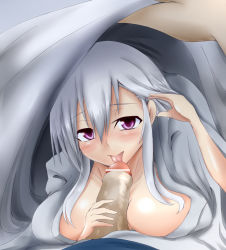 Rule 34 | 1girl, bad id, bad pixiv id, breast rest, breasts, censored, cleavage, fellatio, tucking hair, highres, huge breasts, licking, lifting covers, long hair, mitsuru (madeinore), oral, penis, pov, purple eyes, red eyes, silver hair, smile, solo focus, stealth fellatio, stealth sex, under covers, vocaloid, yowane haku