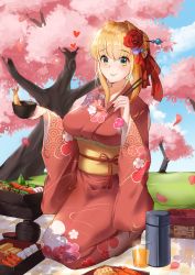 Rule 34 | 1girl, absurdres, apertio, blush, breasts, cherry blossoms, fate (series), flower, food, hair flower, hair ornament, hanami, highres, huge filesize, japanese clothes, kimono, large breasts, lunchbox, nero claudius (fate), nero claudius (fate) (all), nero claudius (fate/extra), sitting, solo
