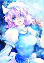 Rule 34 | 1girl, blush, breasts, female focus, hat, letty whiterock, light purple hair, medium breasts, open mouth, scarf, short hair, skirt, smile, snow, solo, touhou, white scarf