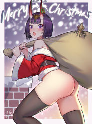 1girl ass bare_shoulders belt black_thighhighs blunt_bangs bob_cut border bottomless bow carrying chimney christmas dated fate_(series) fur_trim headdress highres horn_bow horn_ornament horns looking_at_viewer merry_christmas off_shoulder profile purple_eyes purple_hair sack santa_costume shadowgrave short_hair shuten_douji_(fate) signature skin-covered_horns skindentation solo thighhighs thighs white_border