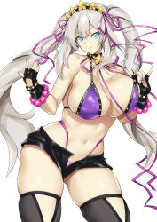 Rule 34 | 1girl, absurdres, bare shoulders, bb (fate), bb (fate) (all), bb (swimsuit mooncancer) (fate), bb (swimsuit mooncancer) (fate) (cosplay), bb (swimsuit mooncancer) (second ascension) (fate), bead bracelet, beads, bikini, black gloves, black shorts, black thighhighs, blue eyes, blush, bnc (bunshi), bracelet, breasts, cleavage, collarbone, cosplay, fate/grand order, fate (series), fingerless gloves, gloves, hair ornament, hair ribbon, hairband, highres, jewelry, large breasts, long hair, looking at viewer, marie antoinette (fate), micro shorts, nail polish, navel, neck ribbon, purple bikini, ribbon, shorts, silver hair, smile, star (symbol), star hair ornament, swimsuit, thighhighs, thighs, twintails, very long hair