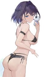 Rule 34 | 1girl, :o, absurdres, arm strap, ass, bikini, black bikini, black hair, blue eyes, breasts, cellphone, chyraliss, hair intakes, halterneck, head chain, highres, holding, holding phone, hololive, hololive english, large breasts, looking at viewer, ouro kronii, parted lips, phone, selfie, short hair, sideboob, simple background, skindentation, smartphone, solo, sweat, swimsuit, v, virtual youtuber, white background