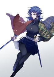Rule 34 | 1girl, arm at side, artist request, asymmetrical clothes, belt, black pantyhose, black skirt, blue eyes, blue hair, blurry, breasts, closed mouth, demon slayer uniform, depth of field, dutch angle, feet out of frame, genderswap, genderswap (mtf), holding, holding sheath, holding sword, holding weapon, katana, kimetsu no yaiba, large breasts, long hair, long sleeves, looking away, looking to the side, miniskirt, momochi (orrizonte), pantyhose, pleated skirt, sandals, sheath, skirt, skirt set, solo, sword, tabi, tomioka giyuu, twitter username, unsheathed, water, water drop, weapon, white background, wide sleeves, zouri
