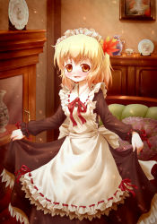 Rule 34 | 1girl, aki shizuha, alternate costume, apron, arinu, black dress, blonde hair, blush, couch, cup, cupboard, curtsey, dress, enmaided, female focus, green upholstery, hair ornament, highres, leaf hair ornament, light particles, long sleeves, maid, maid apron, maid headdress, open mouth, painting (object), pillow, plate, smile, solo, teacup, touhou, vase, yellow eyes