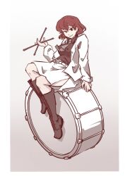 Rule 34 | 1girl, black footwear, black shirt, boots, collared shirt, commentary, drum, drumsticks, english commentary, full body, gradient background, grey background, grey necktie, highres, holding, holding drumsticks, horikawa raiko, hyoutan tan, instrument, jacket, long sleeves, looking at viewer, necktie, red eyes, red hair, shirt, short hair, sitting, sitting on drum, skirt, solo, taiko drum, touhou, white jacket, white skirt