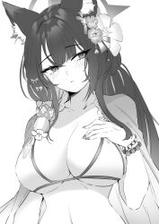 Rule 34 | 1girl, animal ear fluff, animal ears, blue archive, blush, breasts, cleavage, collarbone, fingernails, flower, fox ears, greyscale, hair flower, hair ornament, halo, highres, jun project, large breasts, long hair, monochrome, nail polish, official alternate costume, open mouth, simple background, solo, upper body, wakamo (blue archive), wakamo (swimsuit) (blue archive), white background