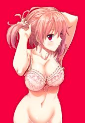 Rule 34 | 10s, 1girl, :o, adjusting hair, akino sora, armpits, bare arms, bare shoulders, blush, bottomless, bra, breasts, buckle, cleavage, collarbone, cowboy shot, eyebrows, floral print, groin, headset, large breasts, looking at viewer, navel, one side up, out-of-frame censoring, parted lips, pink bra, pink eyes, pink hair, solo, stomach, tying hair, underwear, yahari ore no seishun lovecome wa machigatteiru., yuigahama yui