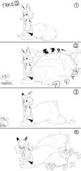 Rule 34 | 1girl, 4koma, animal ear fluff, animal ears, bare legs, bare shoulders, barefoot, blunt bangs, blush, closed mouth, comic, embarrassed, food, fox ears, fox girl, fox tail, frown, greyscale, hands on own knees, highres, jaco, large tail, long hair, looking down, monochrome, multiple views, numbered panels, original, ribbed sweater, seiza, short eyebrows, short hair with long locks, shorts, simple background, sitting, sound effects, sparkle, sweater, tail, tail wagging, thick eyebrows, translation request, white background