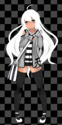 Rule 34 | 1girl, aoshima, bag, black thighhighs, checkered background, copyright request, grey eyes, highres, jacket, long hair, mary janes, messenger bag, shirt, shoes, shoulder bag, solo, striped clothes, striped shirt, thighhighs, white hair