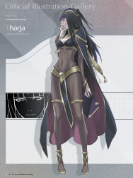 Rule 34 | 1girl, absurdres, black eyes, black hair, blunt bangs, bodysuit, book, bracelet, breasts, bridal gauntlets, cape, character name, cleavage, covered navel, fingernails, fire emblem, fire emblem awakening, full body, hand to own mouth, highres, jewelry, kozaki yuusuke, long fingernails, long hair, matching hair/eyes, medium breasts, nail polish, nintendo, official art, page number, parted lips, simple background, solo, standing, tharja (fire emblem), two side up