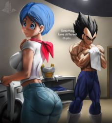 Rule 34 | 1boy, 1girl, absurdres, ass, bare shoulders, black eyes, black hair, blue eyes, blue hair, blush, breasts, bulma, denim, dragonball z, elite nappa, embarrassed, from behind, highres, husband and wife, jeans, large breasts, long hair, muscular, muscular male, pants, pantylines, shiny skin, short hair, sideboob, sweatdrop, vegeta