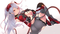 Rule 34 | 1girl, antenna hair, ass, azur lane, back, blush, boots, breasts, brown eyes, cait aron, closed mouth, clothing cutout, cross, gloves, gradient background, hair between eyes, high heel boots, high heels, highres, iron cross, large breasts, leotard, long hair, long sleeves, looking at viewer, mole, mole on breast, multicolored hair, prinz eugen (azur lane), red hair, rudder footwear, side cutout, sideboob, silver hair, simple background, solo, streaked hair, thigh boots, thighhighs, two side up, very long hair