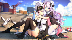 Rule 34 | 2girls, :d, animal, asymmetrical hair, azur lane, bandaid, bird, black dress, black jacket, black necktie, black skirt, black socks, black thighhighs, blue eyes, blue ribbon, blue sky, blurry, blush, braid, breasts, buttons, closed mouth, cloud, collared shirt, commentary request, container, crane (animal), cross, day, depth of field, dress, enterprise (azur lane), full body, garter straps, greetload, hand on another&#039;s cheek, hand on another&#039;s face, hand on own chest, harbor, hat, highres, historical event, holding, jacket, kneehighs, knees up, large breasts, leaning forward, lifebuoy, long hair, long sleeves, military, military uniform, miniskirt, multiple girls, necktie, no shoes, ocean, off shoulder, open clothes, open jacket, open mouth, outdoors, peaked cap, pier, pink hair, pleated skirt, purple eyes, ribbon, seagull, shirt, short sleeves, sitting, skirt, sky, sleeves past wrists, smile, socks, sparkle, swim ring, tareme, thighhighs, thighs, torn clothes, torn legwear, torn shirt, underbust, uniform, very long hair, vestal (azur lane), water, white hat, white shirt, wide sleeves, wing collar, zettai ryouiki