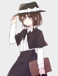 Rule 34 | 1girl, adjusting clothes, adjusting headwear, black ribbon, black skirt, blouse, blush, bow, brown eyes, brown hair, capelet, closed mouth, cowboy shot, fedora, grey background, hair between eyes, hair bow, hair ornament, hand on headwear, hand up, hat, hat bow, hat ribbon, high-waist skirt, holding, honotai, long sleeves, looking at viewer, ribbon, shirt, short hair, simple background, skirt, smile, solo, standing, touhou, usami renko, white bow, white shirt, wing collar, zipper