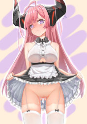 Rule 34 | 1girl, absurdres, ahoge, alternate costume, antenna hair, apron, azur lane, blush, cleft of venus, clothes lift, clothing cutout, cowboy shot, cross, cum, cum in pussy, cumdrip, enmaided, female focus, frills, garter straps, hair on horn, highres, horns, iron cross, lifted by self, long hair, looking at viewer, maid, no panties, pink eyes, pink hair, pout, prinz rupprecht (azur lane), skirt, skirt lift, solo, standing, thighhighs, underboob cutout, user ndky4277, waist apron, white thighhighs