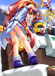 Rule 34 | 1girl, aoi sora no neosphere, arm up, ascot, ass, boots, dated, fingerless gloves, from below, gloves, kneepits, long hair, looking at viewer, looking back, mecha, nanoca flanka, one eye closed, open mouth, ponytail, red ascot, red hair, robot, signature, skirt, smile, socks, solo, standing, stuka, sweat, tenzan, uniform, upskirt, very long hair, wink, wolf, wrench