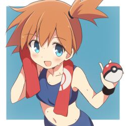 1girl :d blue_background blue_eyes blue_shorts blue_sports_bra blush border breasts collarbone commentary_request creatures_(company) curakuru game_freak holding holding_poke_ball looking_at_viewer midriff misty_(pokemon) navel nintendo open_mouth orange_hair outside_border poke_ball poke_ball_(basic) pokemon pokemon_frlg short_hair short_sidetail shorts simple_background small_breasts smile solo sports_bra sweat towel towel_around_neck upper_body white_border