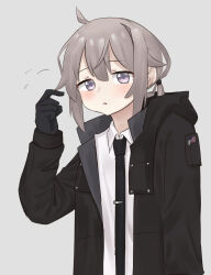Rule 34 | absurdres, ahoge, black thighhighs, brown jacket, collared shirt, girls&#039; frontline, gloves, highres, jacket, m200 (girls&#039; frontline), neck, necktie, open clothes, open jacket, pepsi2330, ponytail, purple eyes, shirt, simple background, thighhighs, white shirt