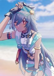 Rule 34 | 1girl, beach, black gloves, black hair, blue sky, closed mouth, cloud, cloudy sky, fingerless gloves, fu hua, fu hua (herrscher of sentience), gloves, goggles, goggles around neck, highres, hkhkfff0, honkai (series), honkai impact 3rd, long hair, looking at viewer, one eye closed, outdoors, ponytail, red eyes, sky, solo, summer uniform, visor, water
