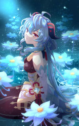 Rule 34 | 1girl, ahoge, bare shoulders, bell, black pantyhose, blue flower, blue hair, breasts, chinese knot, detached sleeves, flower, flower knot, from side, ganyu (genshin impact), genshin impact, glaze lily, gold trim, highres, horns, long hair, looking at viewer, medium breasts, moonlight, neck bell, night, osanpo1234, pantyhose, partially submerged, purple eyes, seiza, sidelocks, sitting, solo, thighlet, vision (genshin impact), white sleeves