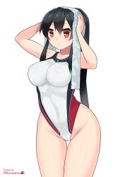 Rule 34 | 10s, 1girl, 2015, arms up, black hair, blush, breasts, brown eyes, cameltoe, competition swimsuit, covered erect nipples, covered navel, cowboy shot, dated, female focus, highleg, highleg swimsuit, highres, impossible clothes, impossible swimsuit, kantai collection, kuro chairo no neko, large breasts, long hair, one-piece swimsuit, ponytail, sidelocks, simple background, solo, swimsuit, thigh gap, towel, towel on head, twitter username, very long hair, wet, wet hair, white background, yahagi (kancolle)