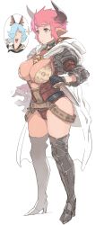 Rule 34 | 10s, 1girl, animal ears, breasts, cleavage, cow ears, cow horns, dagger, drang (granblue fantasy), draph, earrings, erune, granblue fantasy, highres, horns, jewelry, knife, large breasts, red hair, shoohee, short hair, sturm (granblue fantasy), weapon, white background