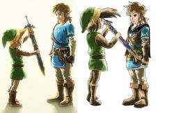 Rule 34 | 4boys, blue eyes, boots, earrings, elf, face-to-face, full body, gloves, hat, highres, jewelry, link, multiple boys, nintendo, pointy ears, ponytail, sidelocks, standing, sword, the legend of zelda, the legend of zelda: breath of the wild, the legend of zelda (nes), tunic, weapon, zelda ii: the adventure of link