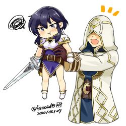 Rule 34 | 1girl, annoyed, armor, black hair, chibi, dress, fire emblem, fire emblem: genealogy of the holy war, fire emblem heroes, happy, holding, holding sword, holding weapon, kiran (fire emblem), kiran (male) (fire emblem), larcei (fire emblem), nintendo, pout, purple dress, purple eyes, short hair, simple background, sword, tomboy, weapon, yukia (firstaid0)