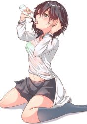 Rule 34 | 10s, 1girl, black hair, black socks, black skirt, blue eyes, bottle, bra, ging1993, green bra, hayasui (kancolle), highres, holding, holding bottle, jacket, kantai collection, kneehighs, long sleeves, open mouth, pleated skirt, sexually suggestive, short hair, simple background, sitting, skirt, socks, solo, tongue, tongue out, underwear, wariza, wet, wet clothes, white background, white jacket