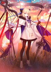 Rule 34 | 1girl, ahoge, armor, blonde hair, bow, breastplate, cloud, dress, fate/grand order, fate (series), full body, gloves, grass, hair bow, high heels, holding, holding staff, long hair, looking at viewer, official art, outdoors, pantyhose, polearm, solo, spear, staff, standing, takeuchi takashi, aesc (fate), very long hair, weapon