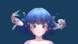 Rule 34 | 1girl, animal, blue eyes, blue hair, bubble, crying, crying with eyes open, eyebrows, fish, highres, koi, light blue hair, nose, nyalody, ocean, open mouth, original, sad, short hair, tears