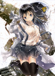 Rule 34 | 1girl, absurdres, admiral (kancolle), admiral (kancolle) (cosplay), arm warmers, asashio (kancolle), black hair, black thighhighs, blue eyes, cherry blossoms, coat, cosplay, hat, unworn hat, unworn headwear, highres, insignia, kantai collection, knees together feet apart, long hair, no shoes, off shoulder, open clothes, open coat, open mouth, peaked cap, petals, pink lips, school uniform, skirt, solo, strap slip, suspenders, thighhighs, yae (mono110)