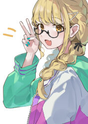 Rule 34 | 1girl, absurdres, bespectacled, black-framed eyewear, blush, braid, commentary request, fang, fingernails, fujita kotone, gakuen idolmaster, glasses, hair ribbon, highres, idolmaster, jacket, long hair, looking at viewer, multicolored clothes, multicolored jacket, nail polish, origami42169025, ribbon, simple background, skin fang, smile, solo, twin braids, upper body, v, white background
