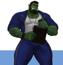 Rule 34 | 1boy, bara, beard, blue pants, bulge, colored skin, dopey (dopq), facial hair, fangs, green skin, highres, jacket, large pectorals, legs apart, looking at viewer, male focus, monster boy, muscular, muscular male, open clothes, open jacket, orc, original, paid reward available, pants, pectoral cleavage, pectorals, pointy ears, short hair, sleeves rolled up, smile, solo, tank top, thick thighs, thighs, tight clothes, tight pants, track jacket, track pants, whistle, whistle around neck, white tank top