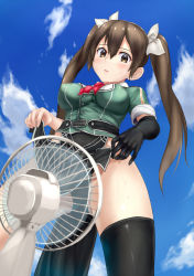 Rule 34 | 10s, 1girl, black gloves, black panties, black thighhighs, blue sky, blush, breasts, brown eyes, brown hair, cloud, covered erect nipples, day, elbow gloves, electric fan, fanning crotch, from below, gloves, gradient background, hair ribbon, jilllxlxl, kantai collection, long hair, looking down, medium breasts, panties, pelvic curtain, ribbon, single elbow glove, single thighhigh, sky, solo, sweat, thighhighs, tone (kancolle), tone kai ni (kancolle), twintails, underwear