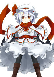 Rule 34 | &gt;:), 1girl, akisome hatsuka, black pantyhose, blue hair, boots, capelet, commentary request, crossed arms, hat, looking at viewer, mob cap, pantyhose, red eyes, remilia scarlet, scarf, short hair, simple background, solo, standing, touhou, white background