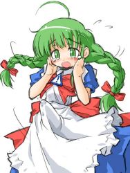 Rule 34 | !, 1girl, ahoge, apron, blush, bow, braid, bulge, cum, cum in clothes, cum through clothes, dress, ejaculation, embarrassed, erection, erection under clothes, futanari, green eyes, green hair, handsfree ejaculation, long hair, maid, maid apron, matching hair/eyes, me-tan, open mouth, os-tan, penis, ribbon, simple background, solo, suka, sweat, tears, third-party edit, twin braids, white background