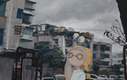 Rule 34 | 1girl, agent 3 (splatoon 3), blonde hair, braid, building, city, closed mouth, cloud, cloudy sky, day, dr mice, highres, inkling, inkling girl, inkling player character, long hair, motor vehicle, nintendo, on head, outdoors, salmonid, shirt, side braid, sky, smallfry (splatoon), splatoon (series), splatoon 3, tree, white shirt, yellow eyes