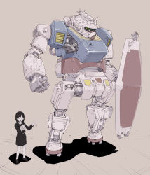 Rule 34 | 1girl, absurdres, black eyes, black hair, clenched hand, commentary, green eyes, gundam, highres, holding, holding shield, mecha, mobile suit gundam, open mouth, redesign, robot, rx-78-2, school uniform, science fiction, shield, sukabu