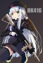 Rule 34 | 1girl, 2019, assault rifle, beret, black footwear, black hat, black thighhighs, blush, boots, breasts, brown background, brown skirt, character name, commentary request, facial mark, girls&#039; frontline, gloves, green eyes, gun, h&amp;k hk416, hair ornament, hand up, hat, high heel boots, high heels, highres, hk416 (girls&#039; frontline), holding, holding gun, holding weapon, jacket, ko yu, long hair, long sleeves, name connection, object namesake, parted lips, pleated skirt, purple jacket, rifle, silver hair, simple background, skirt, small breasts, solo, squatting, thighhighs, trigger discipline, twitter username, very long hair, weapon, white gloves