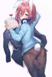 Rule 34 | 1girl, absurdres, animal ears, ass, black jacket, blue eyes, blue sweater, blush, book, breasts, brown hair, commentary request, dan gan, go-toubun no hanayome, hair between eyes, headphones, headphones around neck, highres, jacket, large breasts, long hair, looking at viewer, lying, nakano miku, on stomach, panties, pantyhose, rabbit ears, rabbit girl, rabbit tail, simple background, solo, sweater, tail, underwear, white background