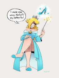 Rule 34 | 1girl, absurdres, blue dress, blue eyes, blue footwear, blue nails, collarbone, crossed legs, crown, dress, english text, hair over one eye, hand on own knee, high heels, highres, holding, holding wand, long hair, mario (series), nail polish, nintendo, off-shoulder dress, off shoulder, one eye covered, rosalina, solo, sparkle, speech bubble, super mario galaxy, thegreyzen, wand