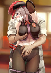 Rule 34 | 1boy, 1girl, alisa ilinichina amiella, arm up, armpits, bare shoulders, blue eyes, blush, grabbing another&#039;s breast, breasts, chicken (chickenx), elbow gloves, fingerless gloves, gloves, god eater, grabbing, grabbing from behind, graphite (medium), hat, highres, large breasts, long hair, mechanical pencil, midriff, navel, panties, pantyhose, pantyshot, pencil, silver hair, skirt, sleeveless, thighhighs, traditional media, underwear, wet