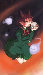 Rule 34 | 1girl, absurdres, animal ears, cat ears, cat tails, dress, fire, flames, green dress, highres, kaenbyou rin, looking at viewer, red eyes, skulls, touhou