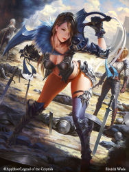 Rule 34 | 3girls, armor, armored boots, bent over, blonde hair, boots, breasts, brown eyes, brown footwear, brown gloves, brown hair, castle, cleavage, cloud, commentary request, corpse, death, fantasy, gloves, hair over one eye, holding, holding sword, holding weapon, knight, leaning forward, leg armor, leg strap, legend of the cryptids, long hair, medium breasts, multiple girls, official art, pants, planted, planted sword, planted weapon, shoulder armor, shuichi wada, silver hair, single thighhigh, sky, standing, swept bangs, sword, sword behind back, thigh strap, thighhighs, warrior, weapon