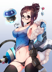 Rule 34 | 1girl, beads, black panties, black thighhighs, breasts, brown eyes, brown hair, cameltoe, character name, covered erect nipples, empty eyes, glasses, hair bun, hair ornament, hair stick, hairpin, highres, large breasts, looking at viewer, mei (overwatch), navel, overwatch, overwatch 1, panties, ripe.c, short hair, single hair bun, solo, tank top, thighhighs, underwear, undressing